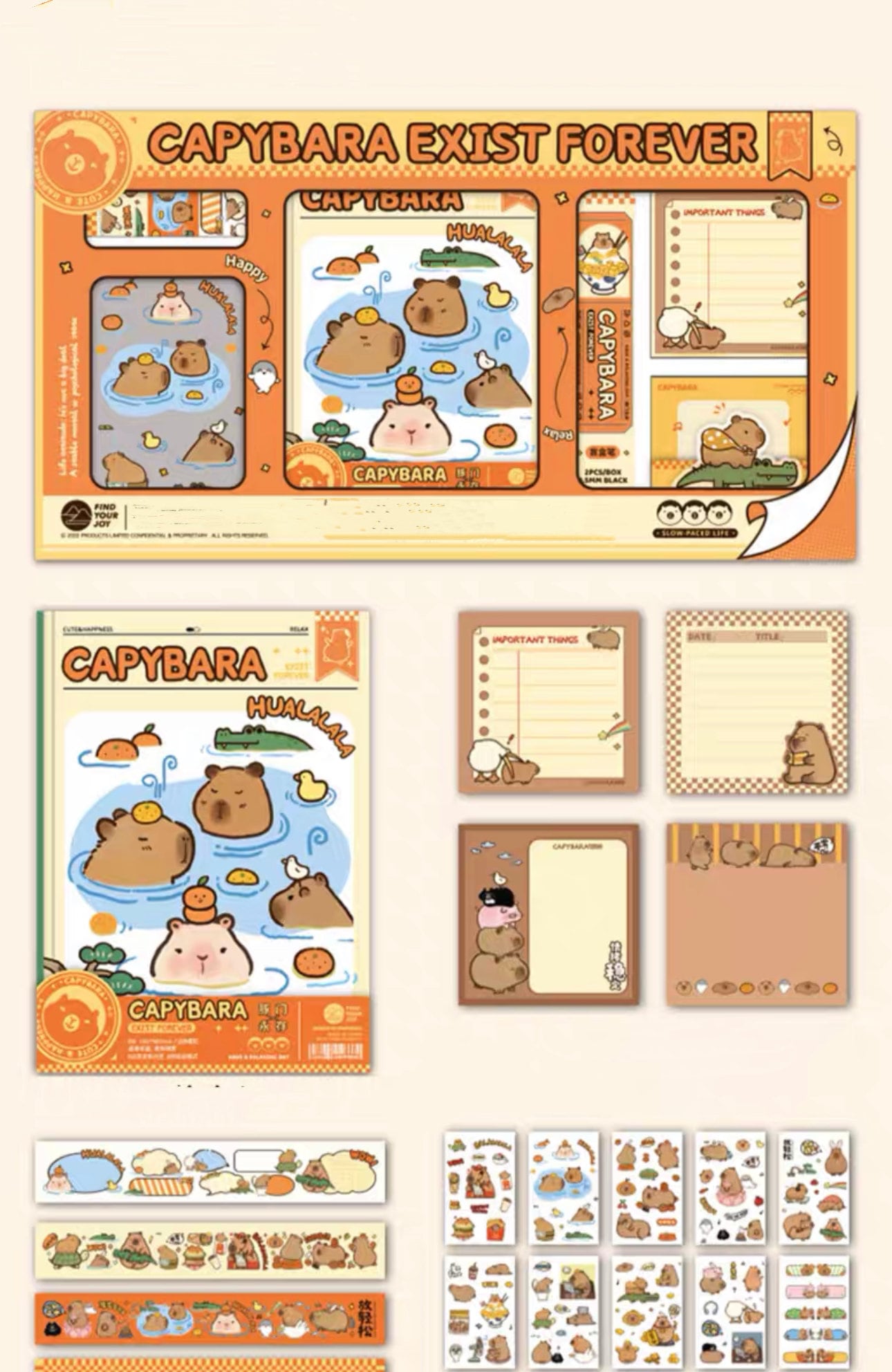 Cute Capybara Journal Stationary Planner Gift Set for Diary and Notebook with memo pads washi tape matching keychains starter kit