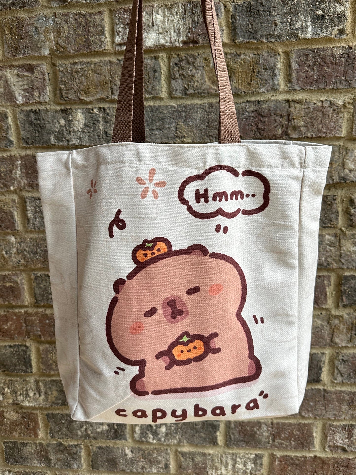 Capybara Tote with zipper and inner pockets soft thick velvet fabric for everyday school and office use capybara with mandarin oranges