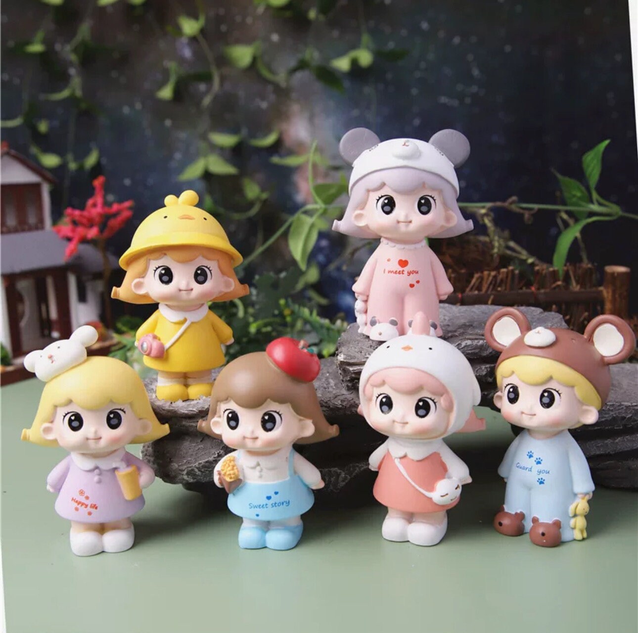 Cute Little Baby Girl Blind Box Set little duckling panda rabbit Snow White chicken doggie bear hat.