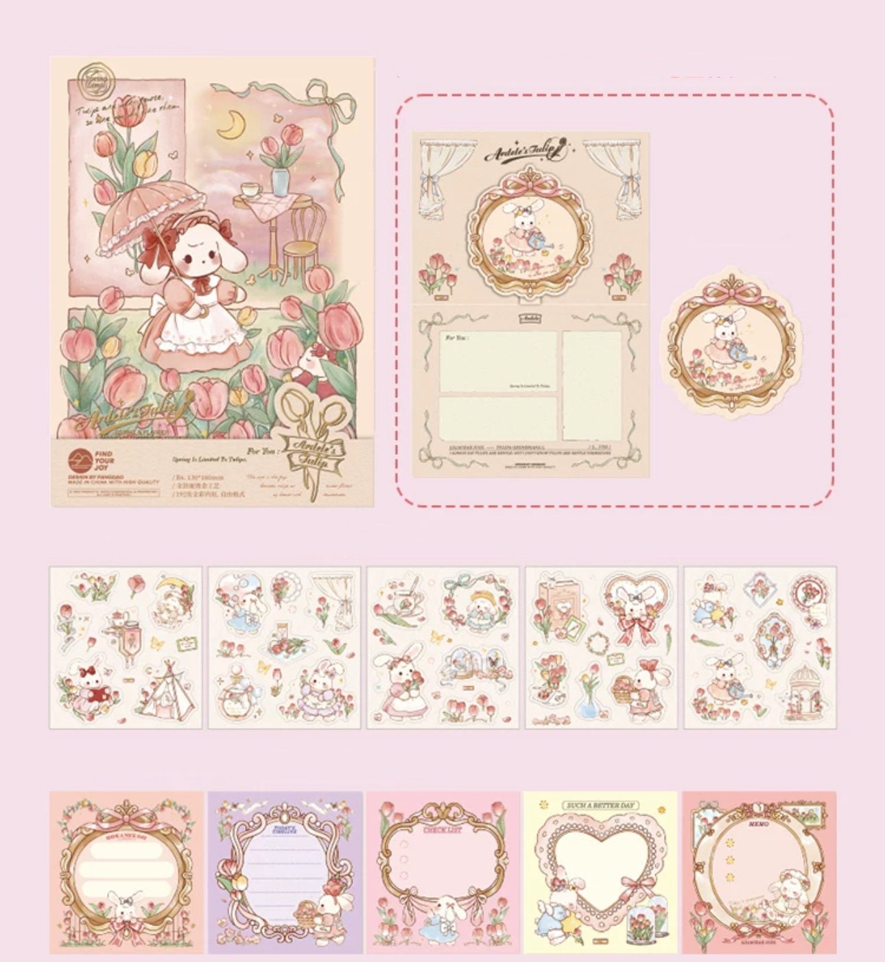 Bunny Rabbit Pink tulip Journal Stationary Planner Gift Set for Diary and Notebook with memo pads washi tape matching bookmark starter kit