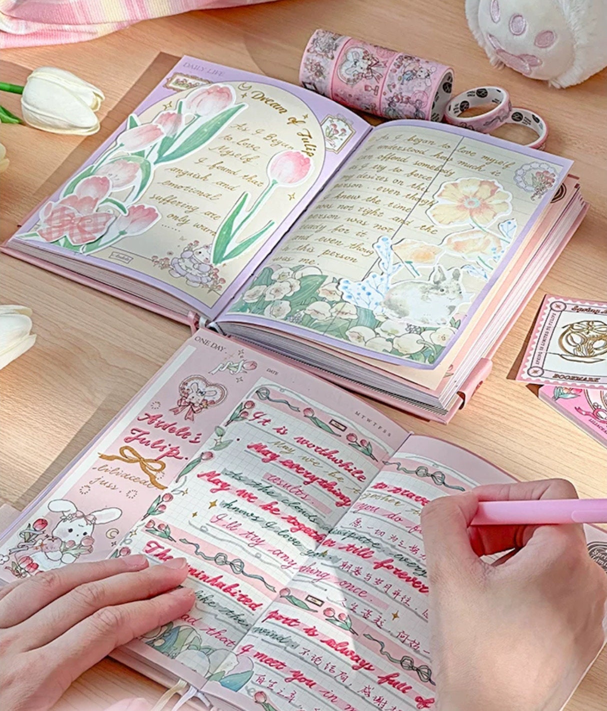 Bunny Rabbit Pink tulip Journal Stationary Planner Gift Set for Diary and Notebook with memo pads washi tape matching bookmark starter kit