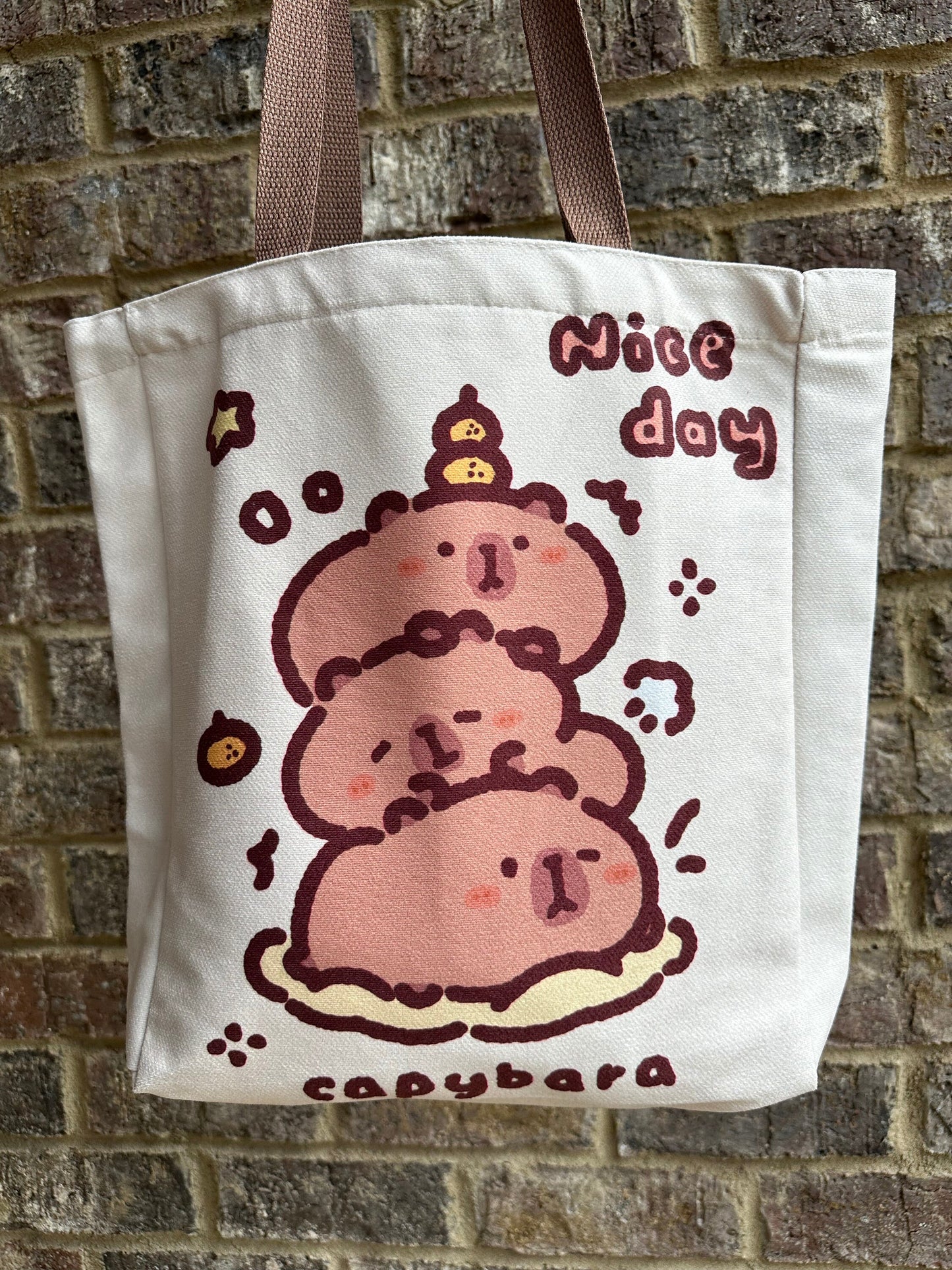 Capybara Tote with zipper and inner pockets soft thick velvet fabric for everyday school and office use capybara stacked together