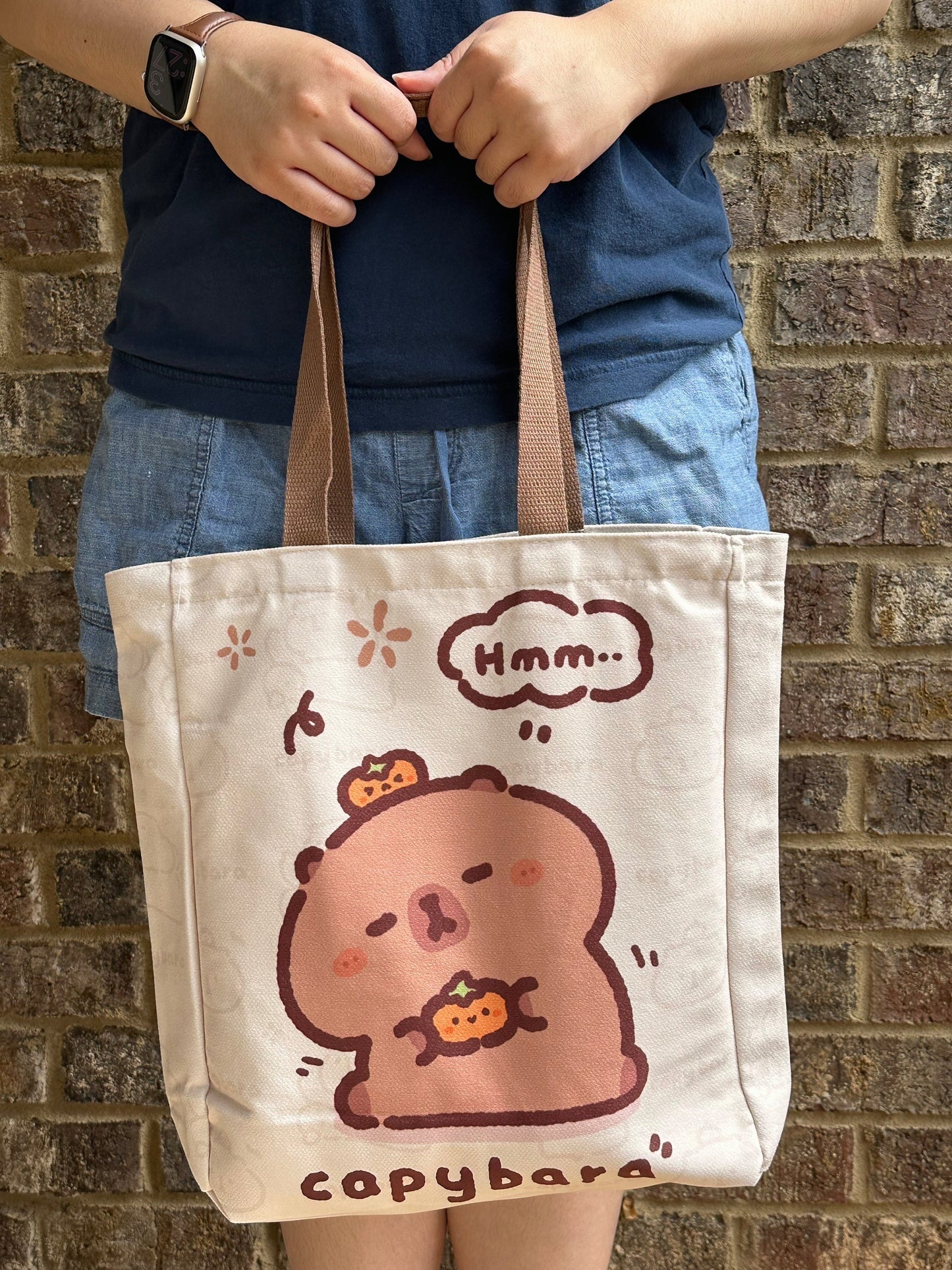 Capybara Tote with zipper and inner pockets soft thick velvet fabric for everyday school and office use capybara with mandarin oranges