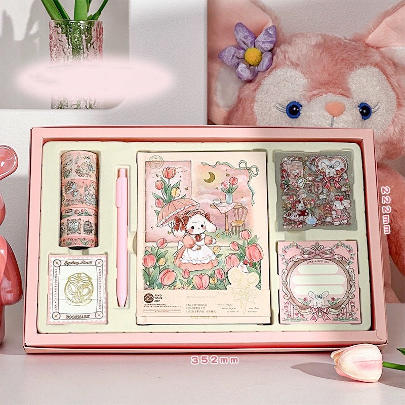 Bunny Rabbit Pink tulip Journal Stationary Planner Gift Set for Diary and Notebook with memo pads washi tape matching bookmark starter kit