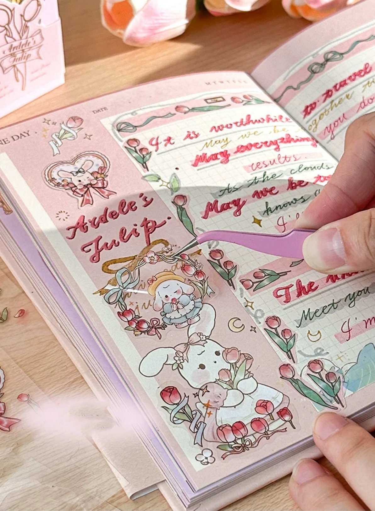 Bunny Rabbit Pink tulip Journal Stationary Planner Gift Set for Diary and Notebook with memo pads washi tape matching bookmark starter kit