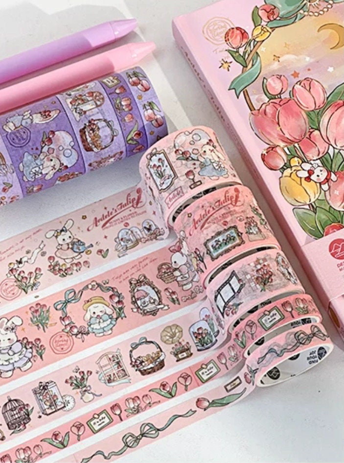 Bunny Rabbit Pink tulip Journal Stationary Planner Gift Set for Diary and Notebook with memo pads washi tape matching bookmark starter kit