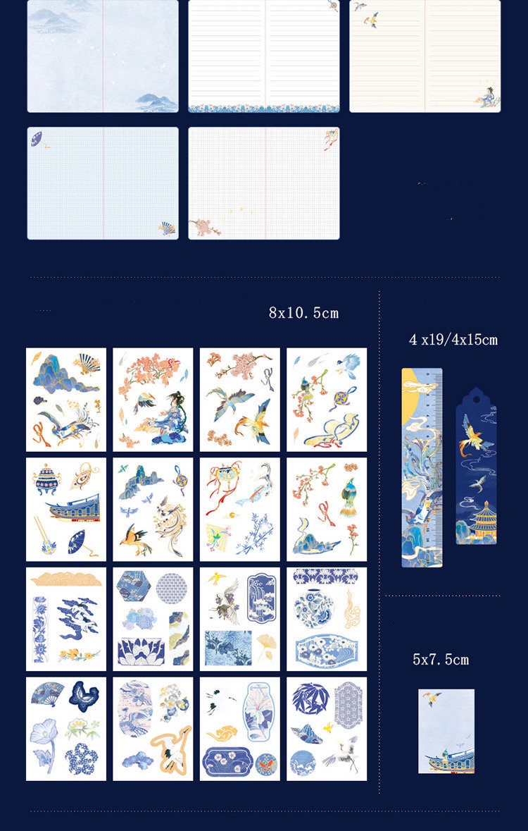 Japanese Blue Phoenix Journal Stationary Planner Gift Set for Diary and Notebook with memo pads stickers matching washi tape starter kit