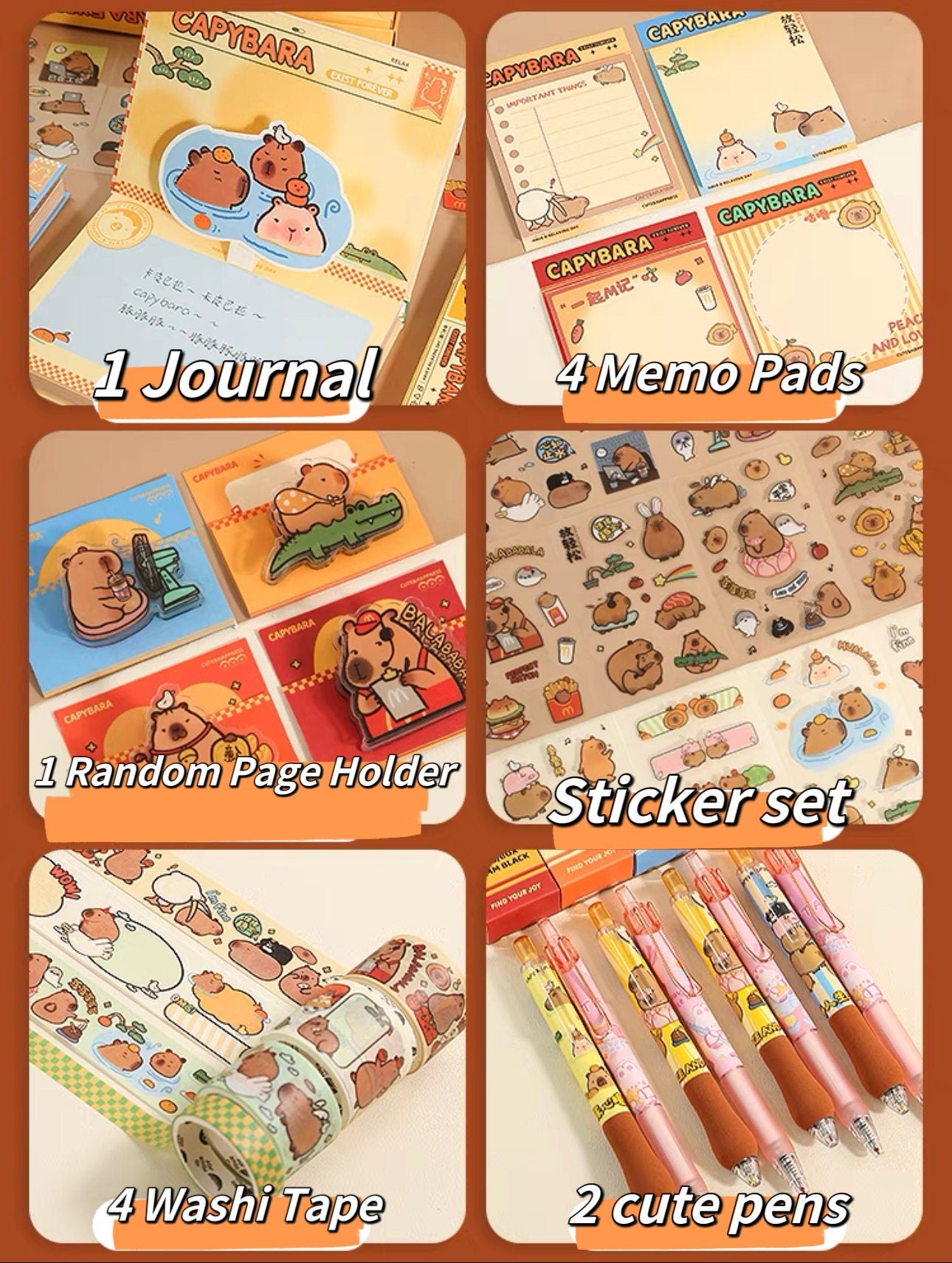 Cute Capybara Journal Stationary Planner Gift Set for Diary and Notebook with memo pads washi tape matching keychains starter kit