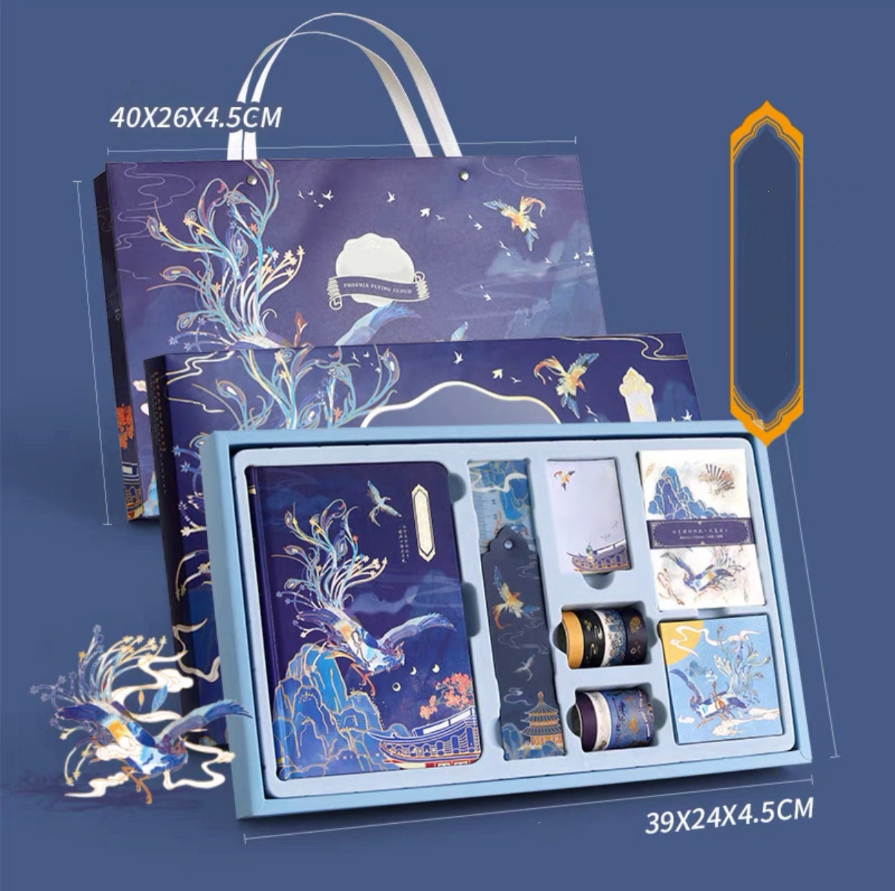 Japanese Blue Phoenix Journal Stationary Planner Gift Set for Diary and Notebook with memo pads stickers matching washi tape starter kit