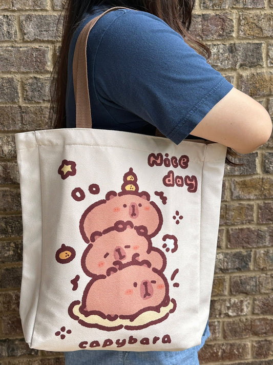 Capybara Tote with zipper and inner pockets soft thick velvet fabric for everyday school and office use capybara stacked together