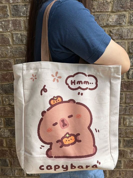 Capybara Tote with zipper and inner pockets soft thick velvet fabric for everyday school and office use capybara with mandarin oranges