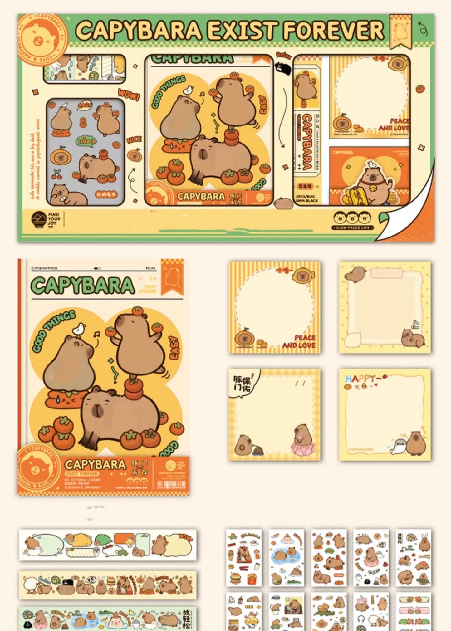 Cute Capybara Journal Stationary Planner Gift Set for Diary and Notebook with memo pads washi tape matching keychains starter kit