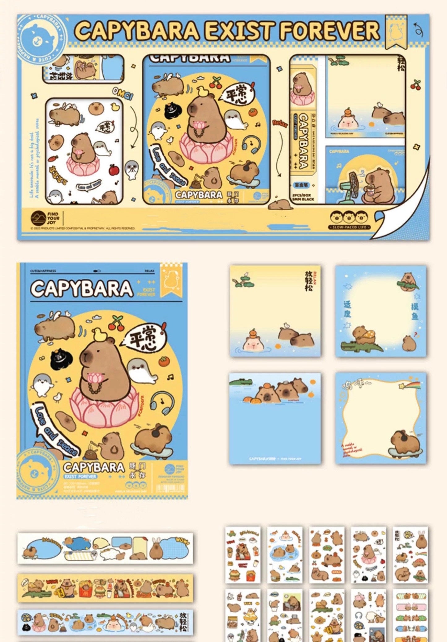 Cute Capybara Journal Stationary Planner Gift Set for Diary and Notebook with memo pads washi tape matching keychains starter kit